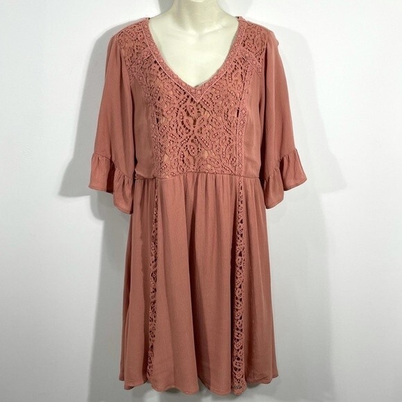 Maurices Boho Coral Rust Crochet Overlay V Neck Ruffle Sleeve Dress - Picture 1 of 13
